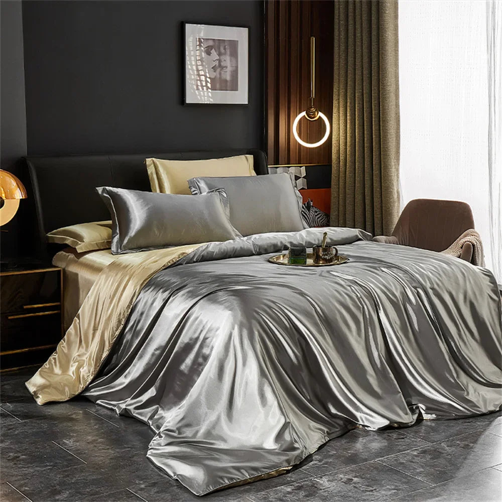 Silk Bedding Set — Luxury Satin Sheets With Solid Silk Duvet Cover & Smooth Pillowcases