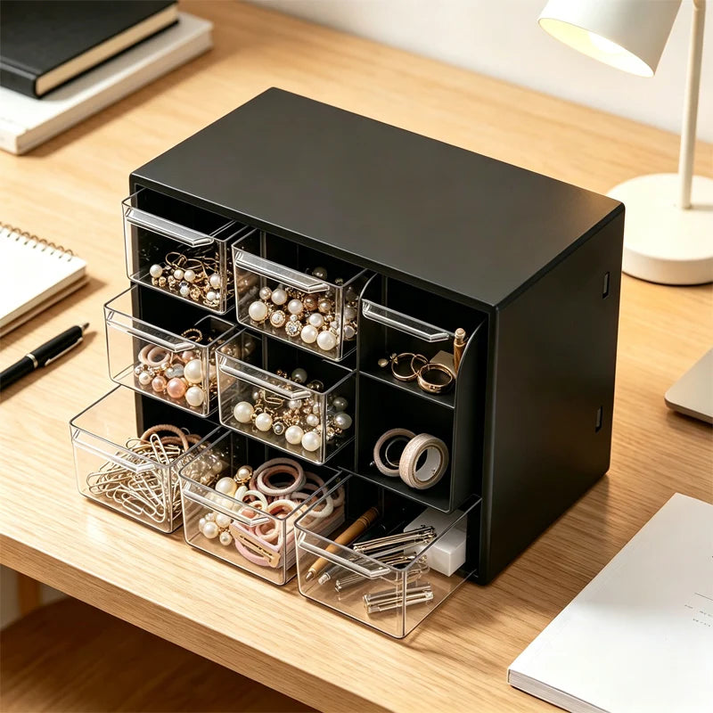 Desktop Storage Organizer - Transparent 9 Grid Small Storage Box for Office Desk