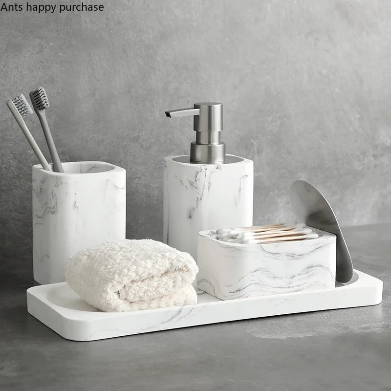 Resin Bathroom Set - Four Piece Marble Bath Accessory Kit with Soap Dispenser & Tray