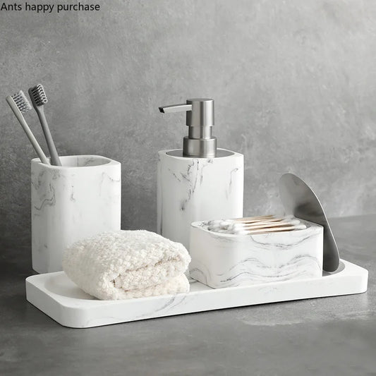 Resin Bathroom Set - Four Piece Marble Bath Accessory Kit with Soap Dispenser & Tray