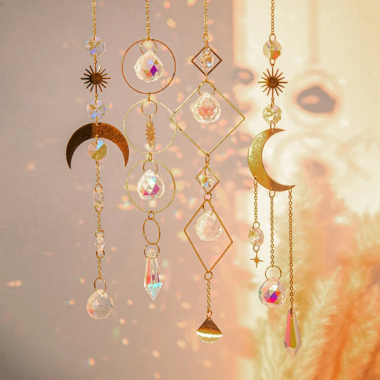 Crystal Suncatcher Pendant - Rainbow Sun Catcher With Moon Star Design | Outdoor Wind Chime Garden Hanging Decor