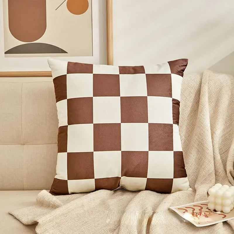 Retro Checkerboard Plaid Polyester Cushion Cover