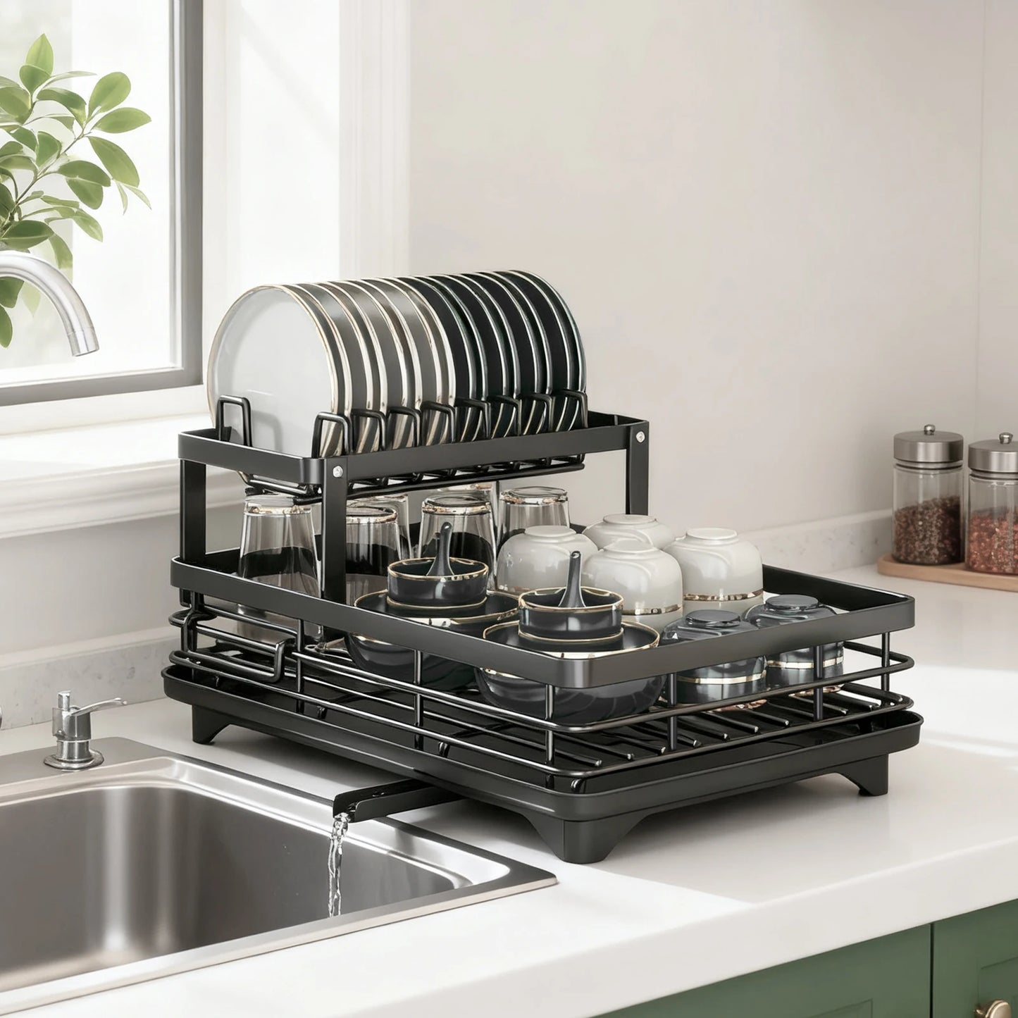 Dish Drain Rack - Expandable Metal Kitchen Countertop Rack with Knife Cup Holder