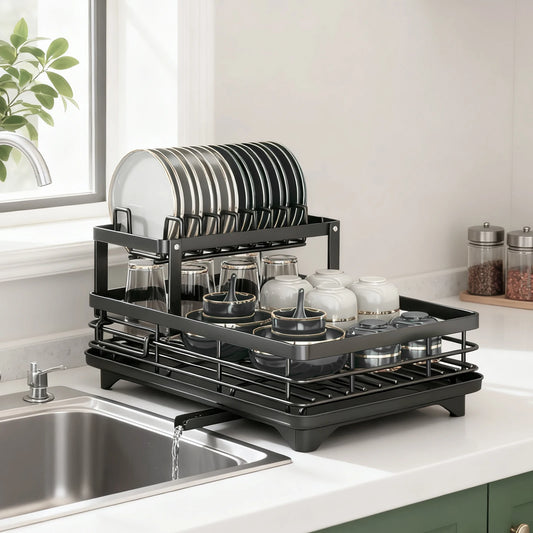 Dish Drain Rack - Expandable Metal Kitchen Countertop Rack with Knife Cup Holder