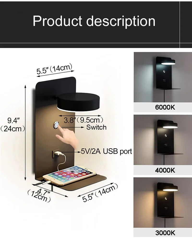 USB Charging Bedside Reading Wall Lamp