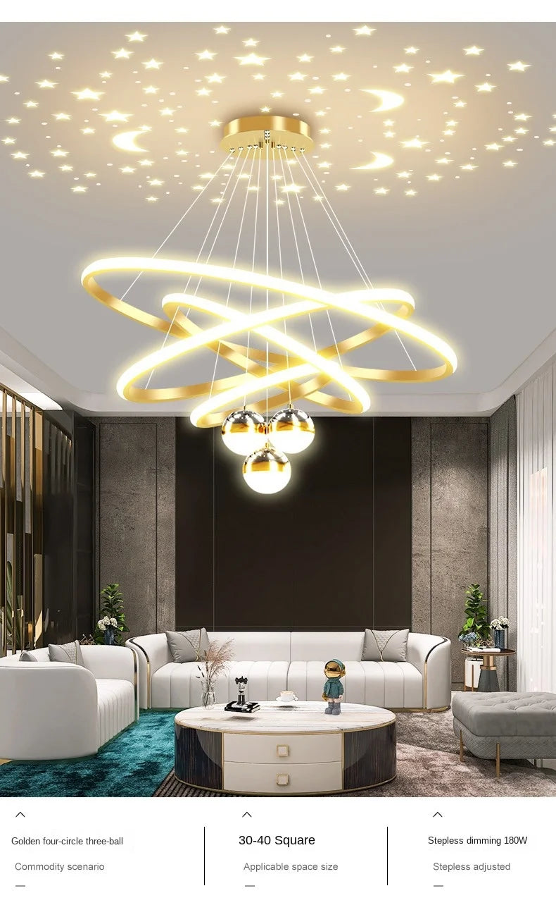 Black Gold Moon Stars Ring LED Chandelier