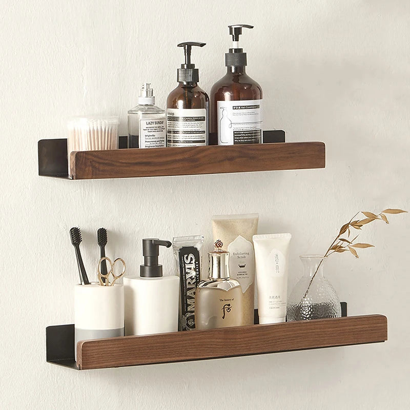 No Drill Bathroom Shelf — Wall Mounted Solid Wood Organizer with Rounded Corners