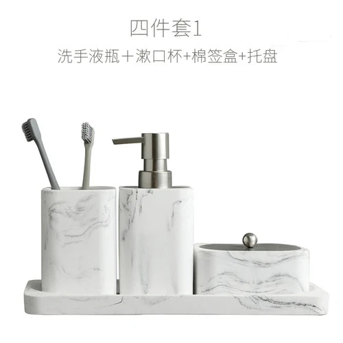 4 Piece Resin Marble Bathroom Soap Dispenser Set