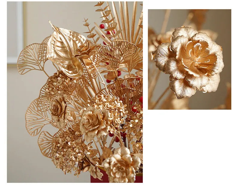 Gold Silk Rose Hydrangea Artificial Flower Arrangement
