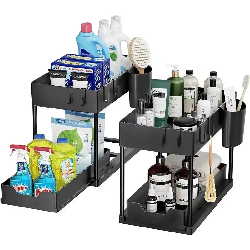 2 Tier Sliding Cabinet Basket Kitchen Sink Organizer