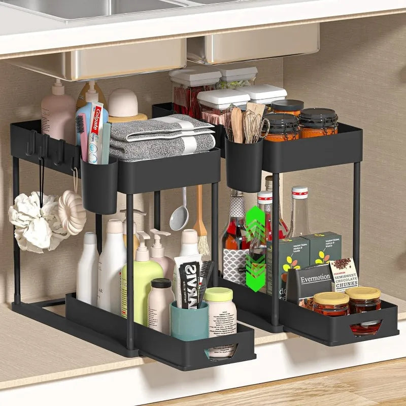 Kitchen Sink Organizer - 2 Tier Sliding Cabinet Basket with Hooks | Space Saving Rack