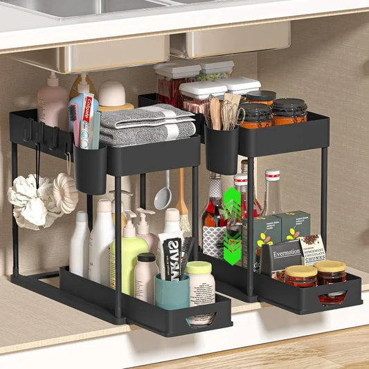 Kitchen Sink Organizer - 2 Tier Sliding Cabinet Basket with Hooks | Space Saving Rack