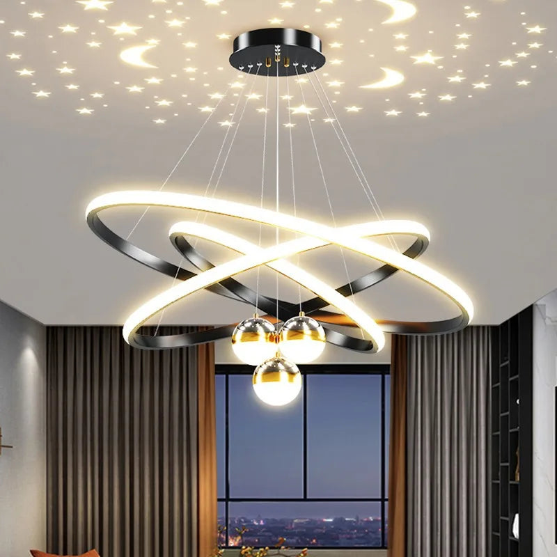 Modern Ring Chandelier — Black Gold LED Living Room Lighting with Moon Stars Design