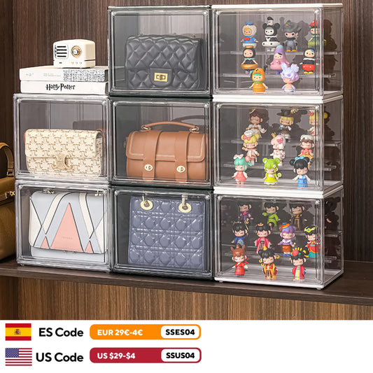 Clear Display Box - Stackable Plastic Bins With Magnetic Door Lock, Dustproof Storage Organizer