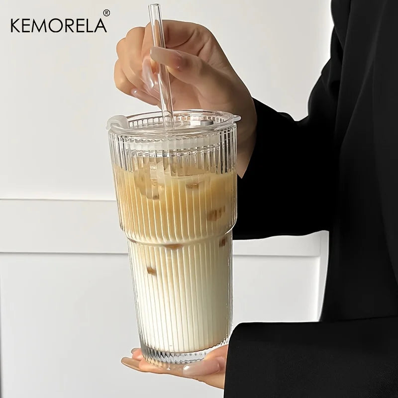 Stripe Glass Cold Drink Cup with Lid