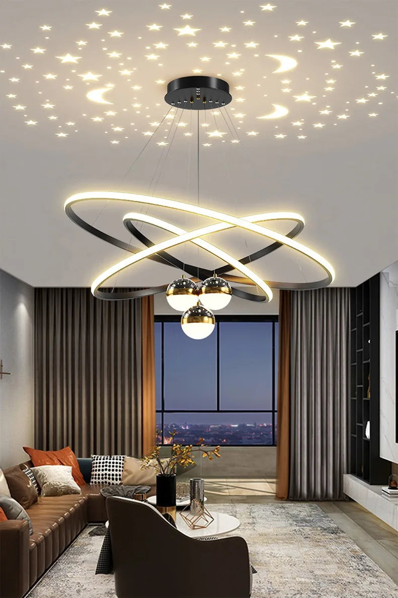 Black Gold Moon Stars Ring LED Chandelier