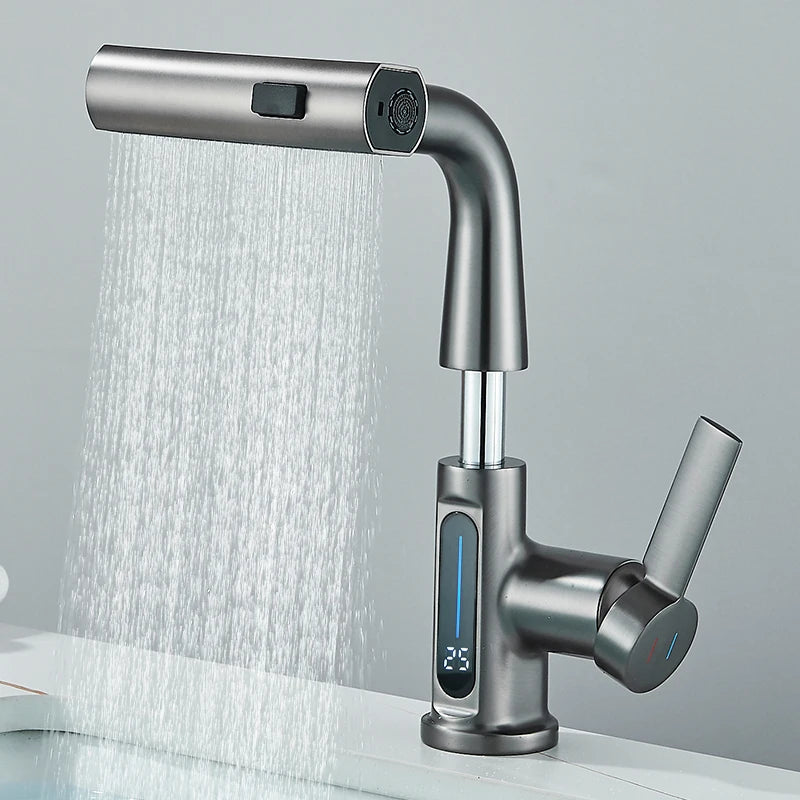 Digital Basin Faucet - Bathroom Sink Mixer Tap With Temperature Display & Pull Out Sprayer