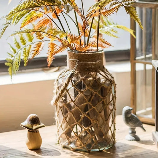 Hanging Hemp Rope Vessel - Hand Braided Glass Hydroponic Decorative Vessel