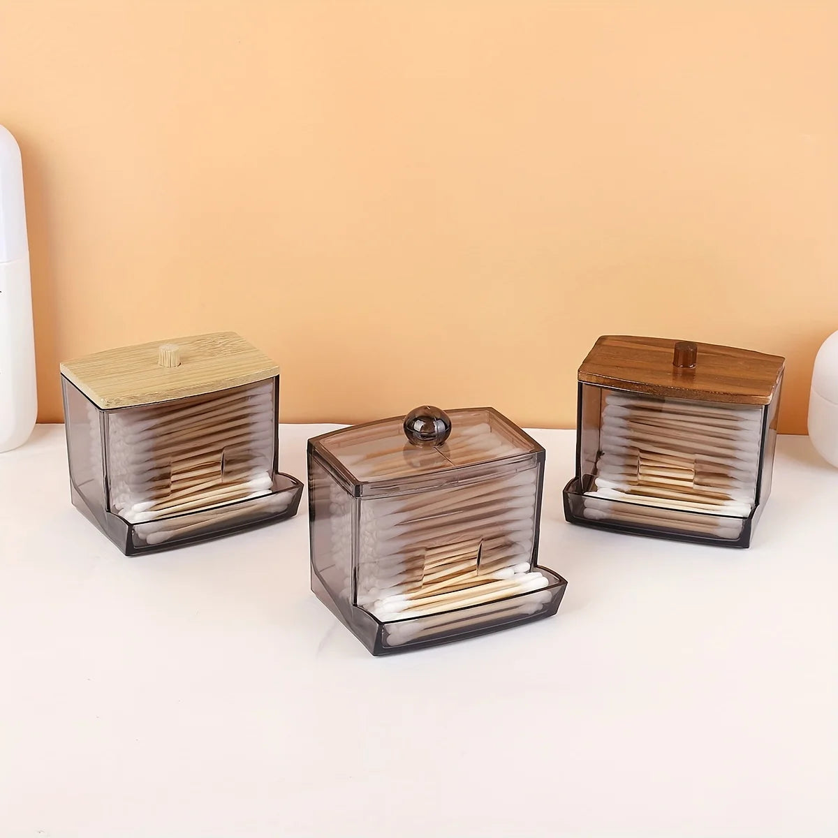 Clear Acrylic Bamboo Lid Cotton Swab Dispenser