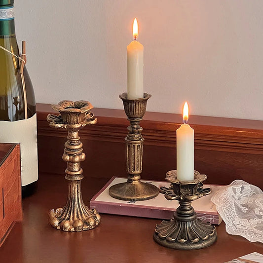 Vintage Taper Candle Holders - Antique Bronze Finish Resin Candle Sticks for Wedding Decor