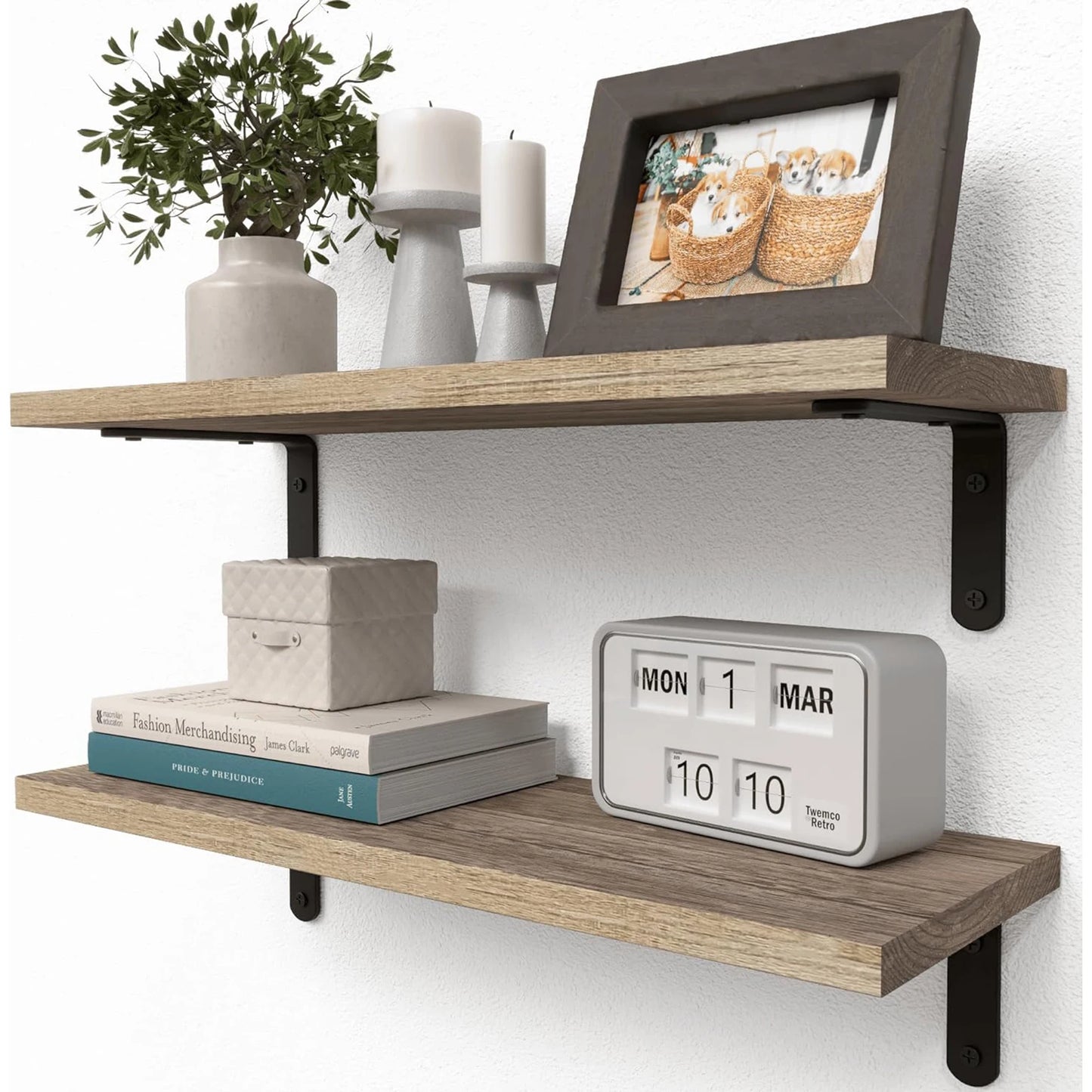 Wooden Wall Shelves - Floating Double Tier Rustic Wood Shelf for Bathroom & Bedroom Storage