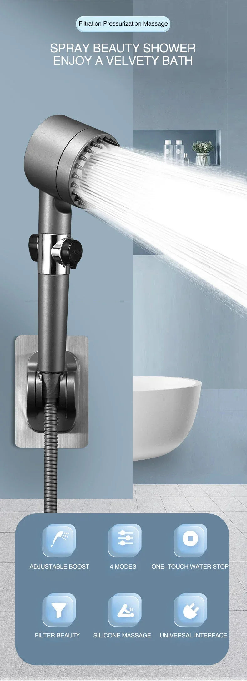 3 Mode Adjustable Filtered Massage Shower Head