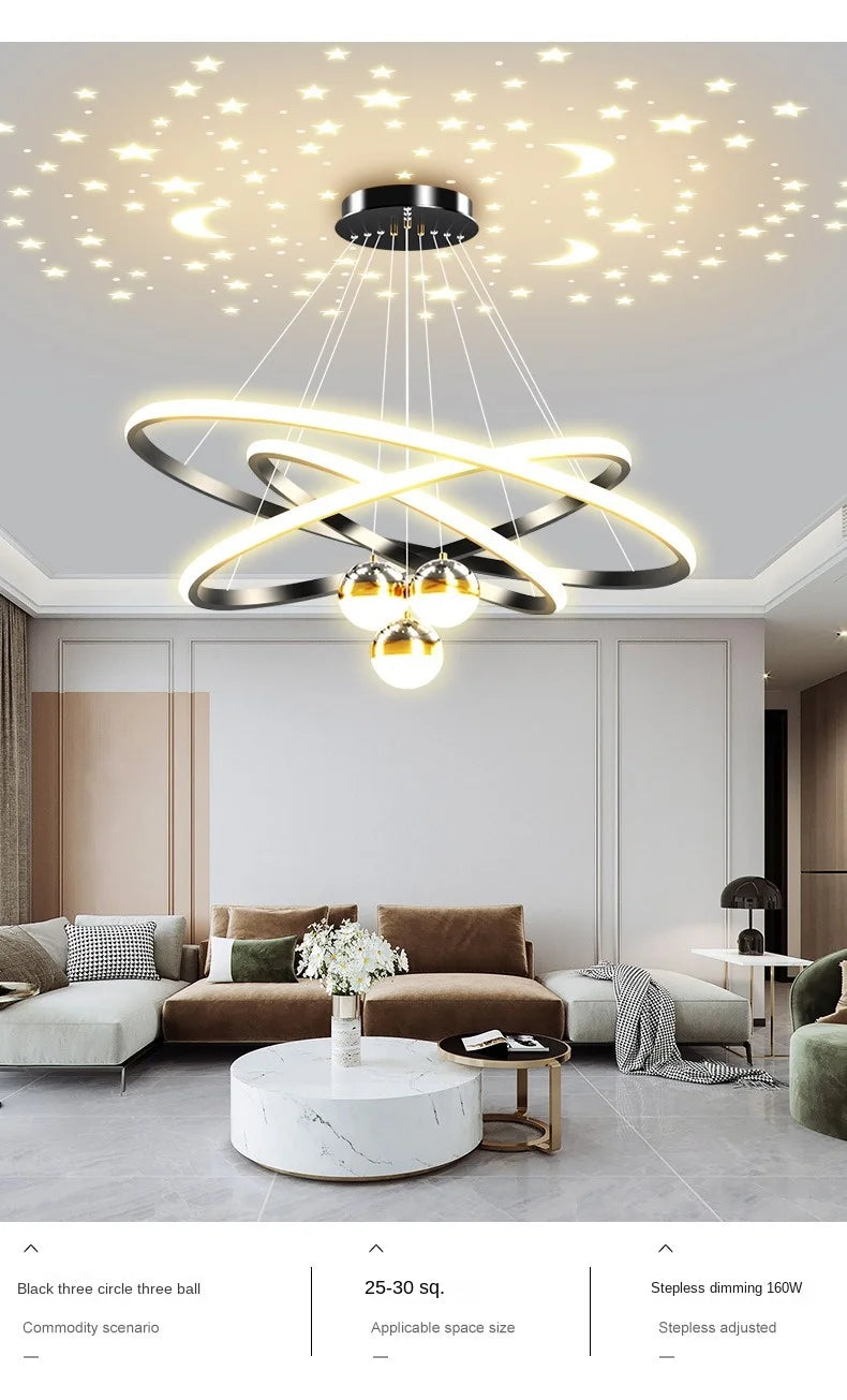 Black Gold Moon Stars Ring LED Chandelier