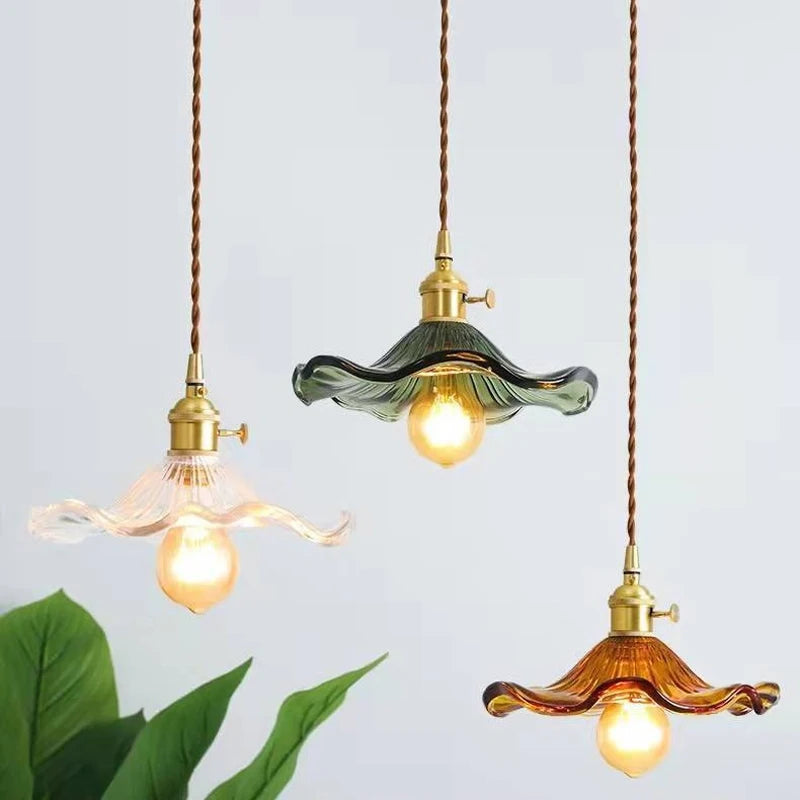 LED Pendant Light - Copper Hanging Lamp with Colorful Glass for Bedroom Ceiling