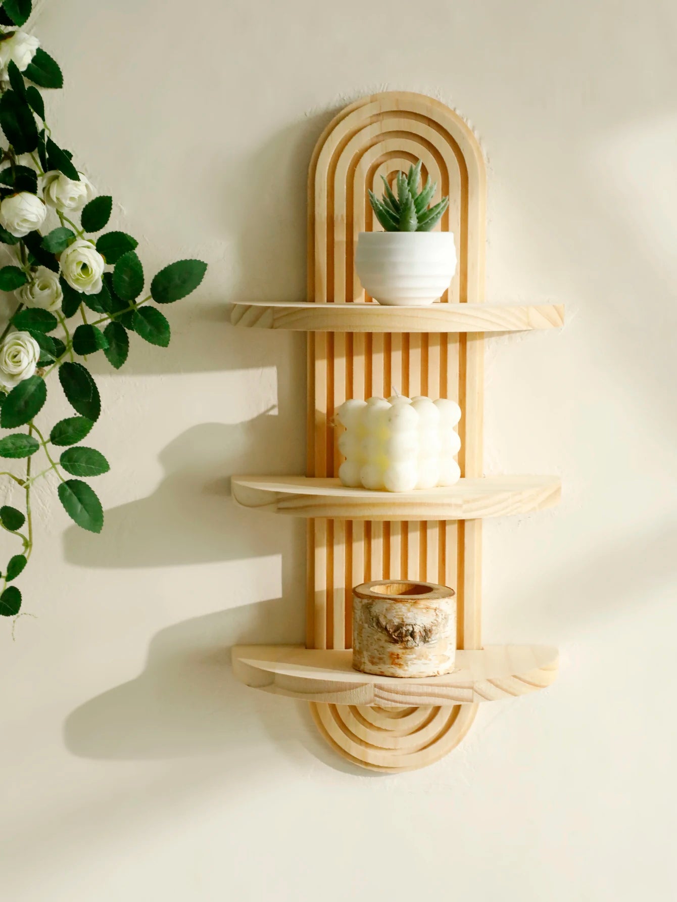 Boho Geometric Natural Wood Wall Shelf
