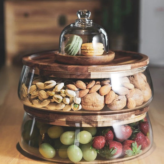 Glass Food Storage Container - Airtight Wooden Lid Jar for Snacks & Fruits