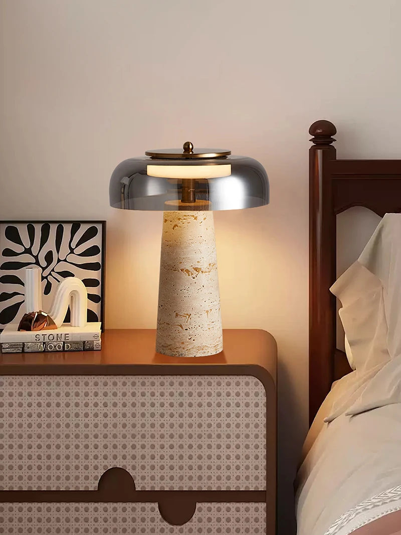 Travertine Table Lamp - Modern Mushroom Shaped Natural Stone LED Light