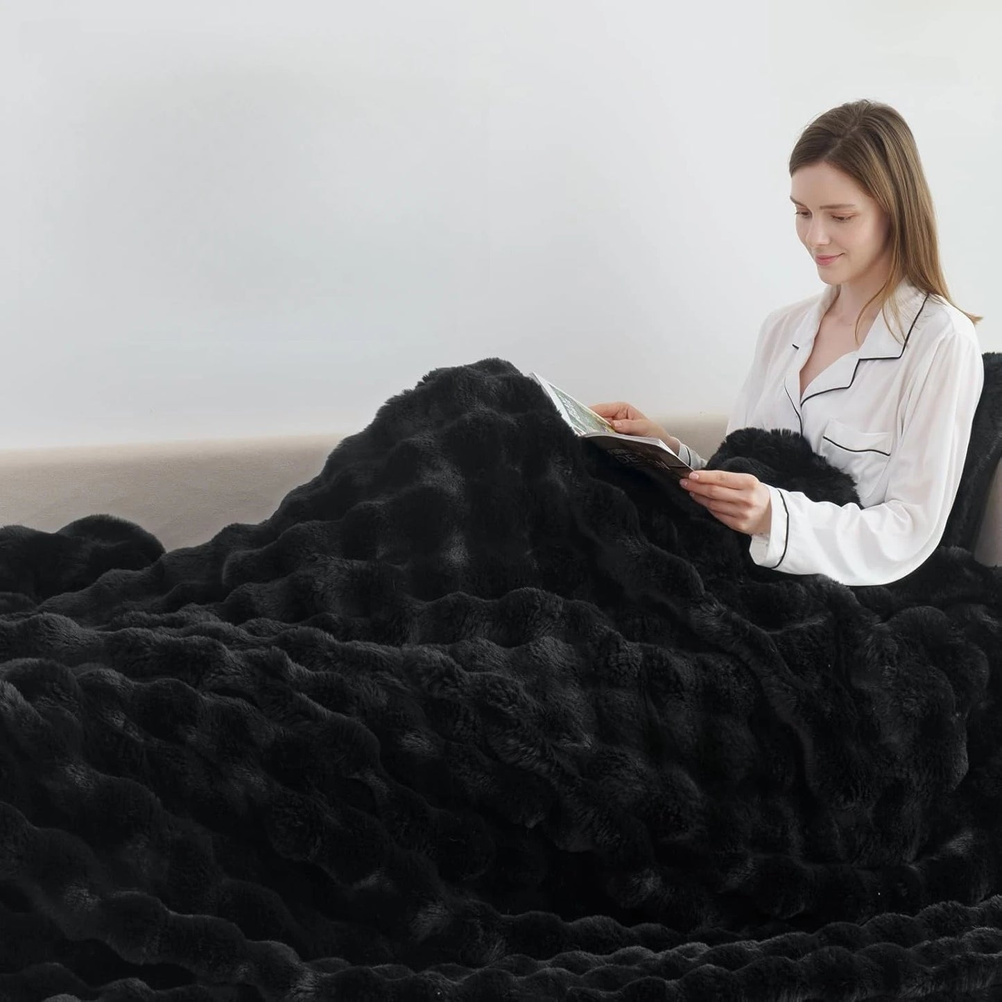 Faux Rabbit Fleece Weighted Knit Throw Blanket