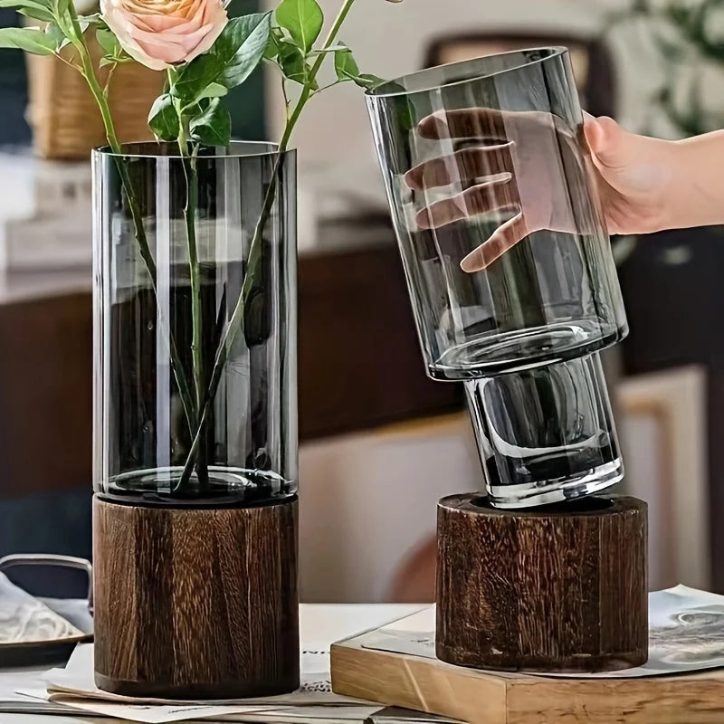 Glass Vessel Wooden Base — Modern Tabletop Plant Holder for Hydroponic Plants