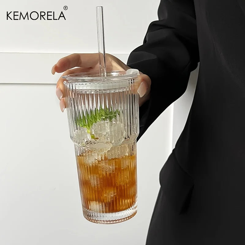 Stripe Glass Cold Drink Cup with Lid