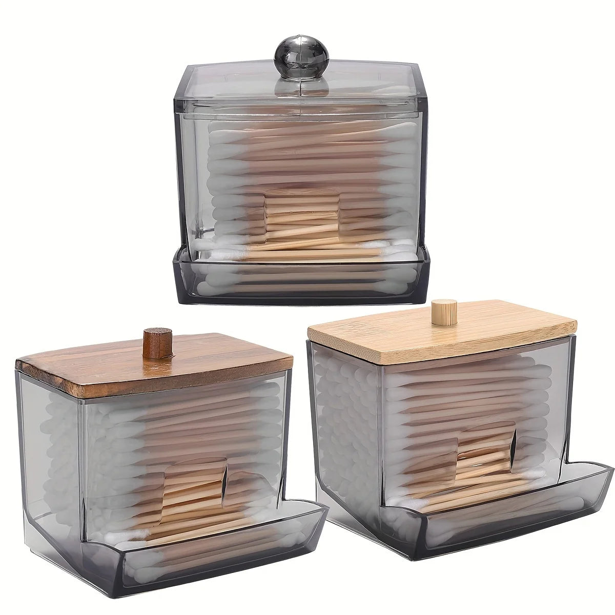 Cotton Swab Holder - Clear Acrylic Dispenser with Bamboo Lid | Eco Friendly Bathroom Storage Box