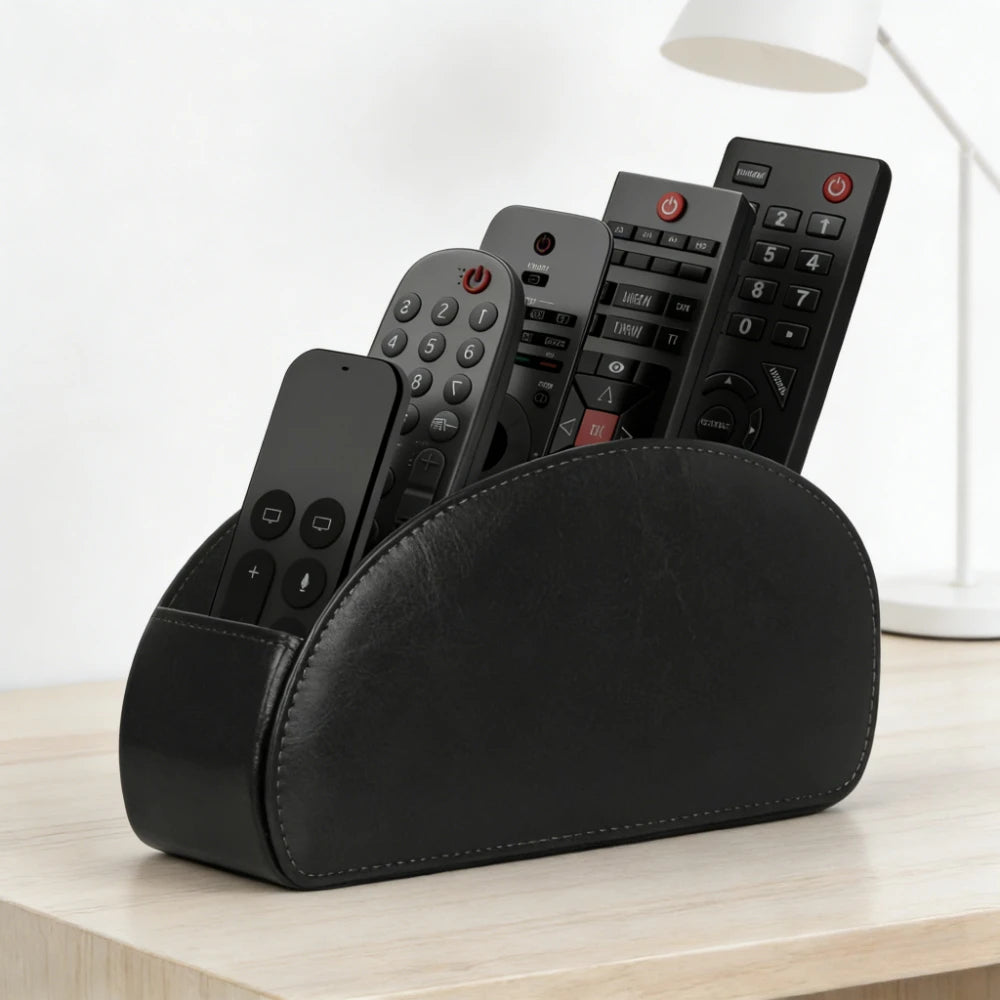 Remote Control Organizer - PU Leather Desktop Storage Box With 5 Compartments