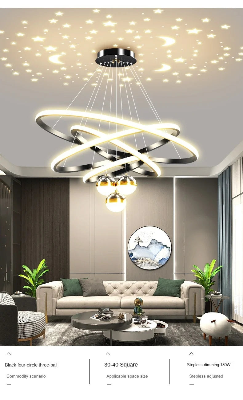 Black Gold Moon Stars Ring LED Chandelier